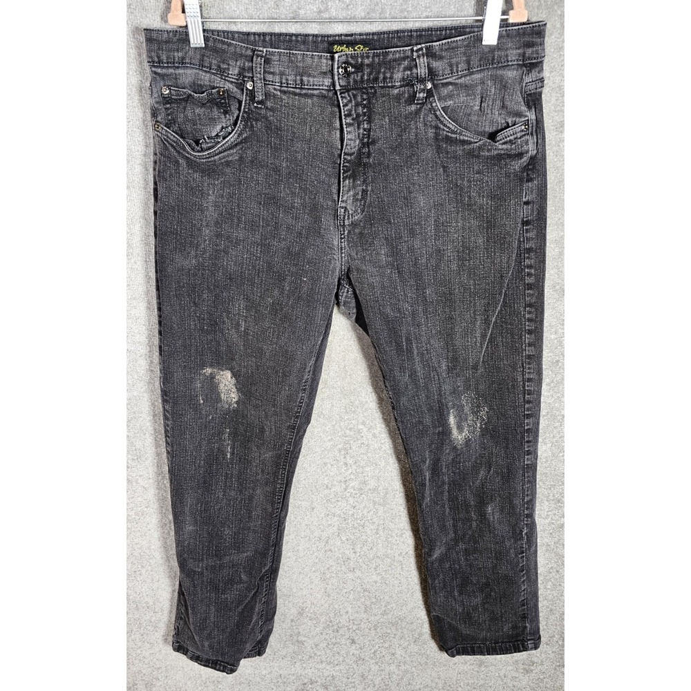 Urban Star Straight Leg Jeans Mens Size 38x32 Black Stretch Denim Bleach Spots‎
